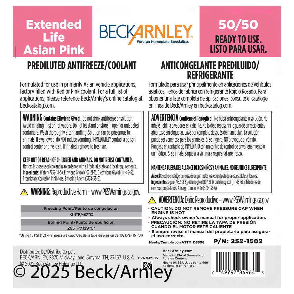 Coolant/Antifreeze Beck/Arnley 252-1502