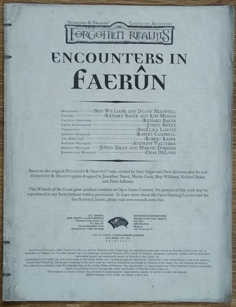 Dungeons & Dragons Campaign Accessory Forgotten Realms Encounters in Faerun