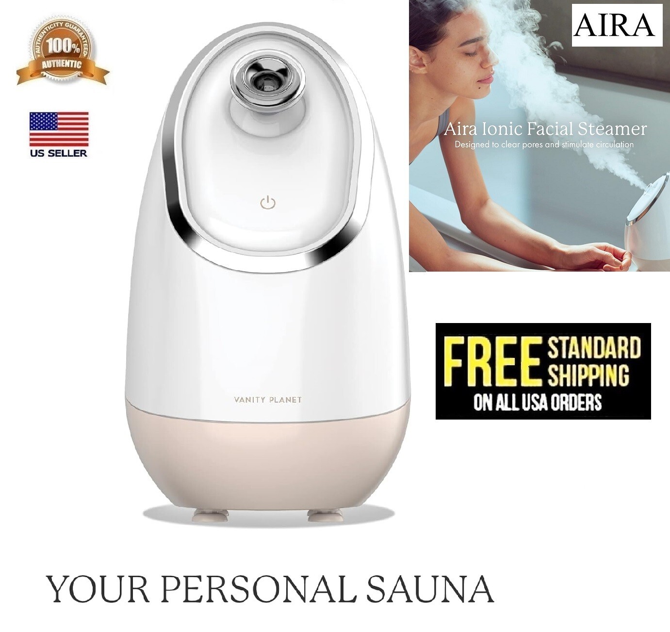 Aira Ionic Facial Steamer Vanity Planet Silver Cleanses and Moisturizes (Beige)