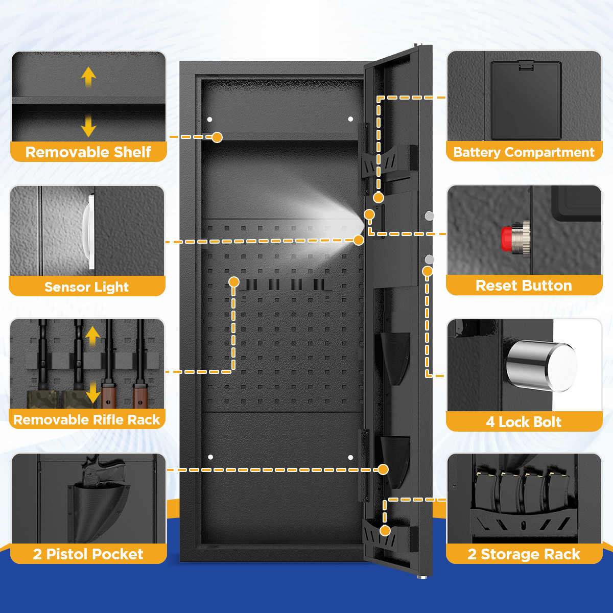 BESAFETY 12-15 Rifle Gun Cabinet for Home Steel Security Gun Safe with Alarm