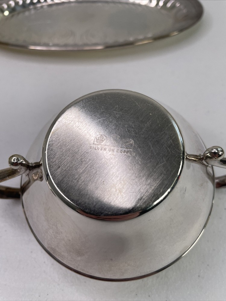 Creamer & Sugar Bowl w/ Tray Silver on Copper Silverplate Braid Rope Set 3 VTG