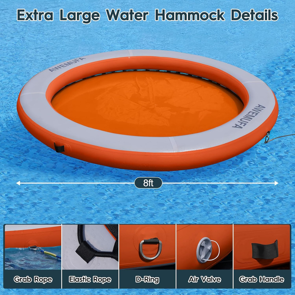 8Ft Heavy Duty Water Hammock Float Ring for Pool & Lake Summer Fun