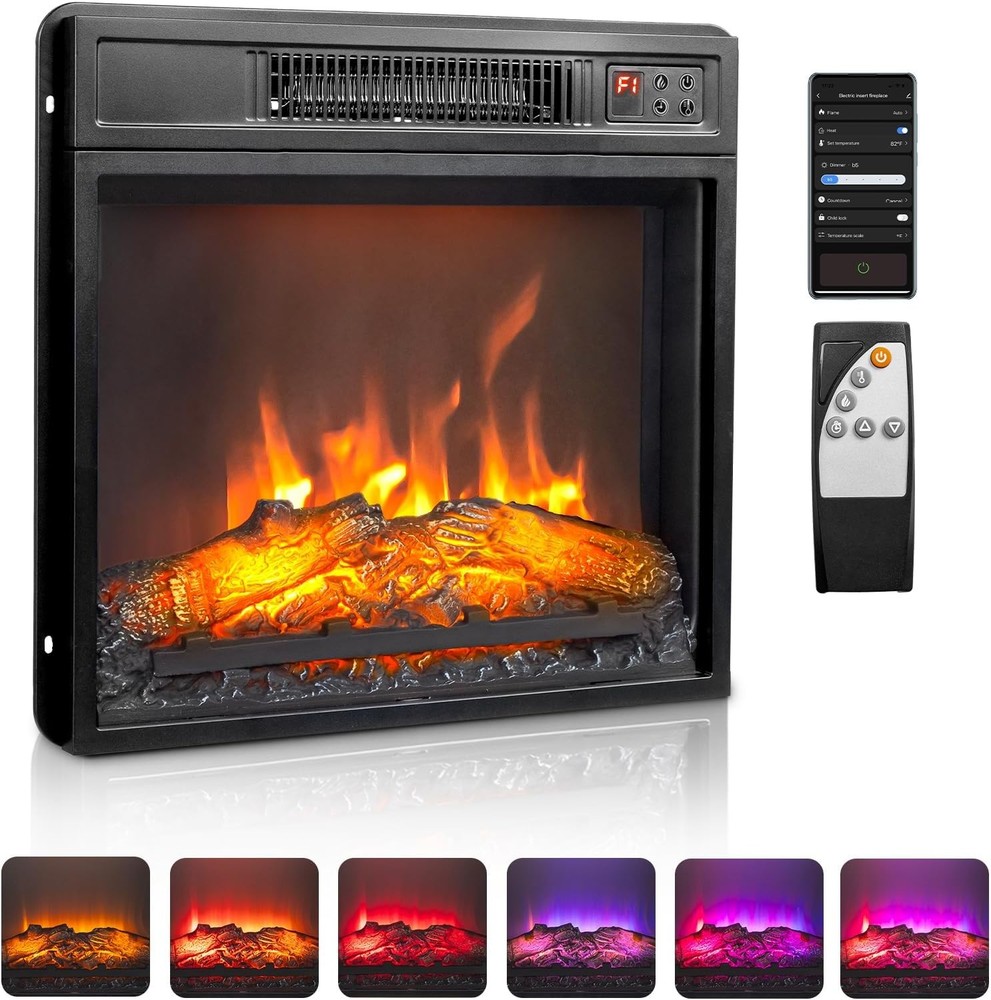 18" Embedded Electric Fireplace Insert Heater with 6 Colors Flame Effect, Remote