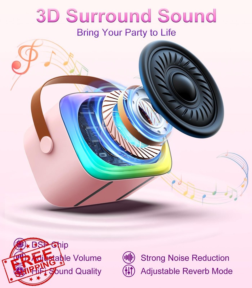 TiMOVO Mini Karaoke Machine Pink Bluetooth 2 Mics LED