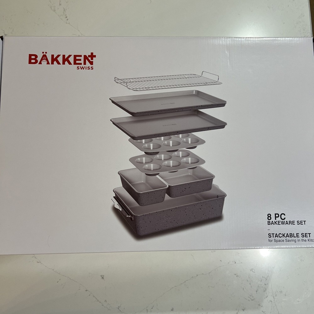 Bakken 8-Piece Stackable Bakeware Set - Ceramic Non-Stick Coating, Marble Color