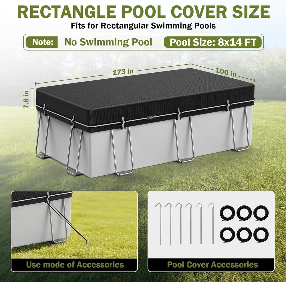 8x14Ft Rectangular Pool Cover Solar Waterproof Windproof Dustproof Winter UV ...
