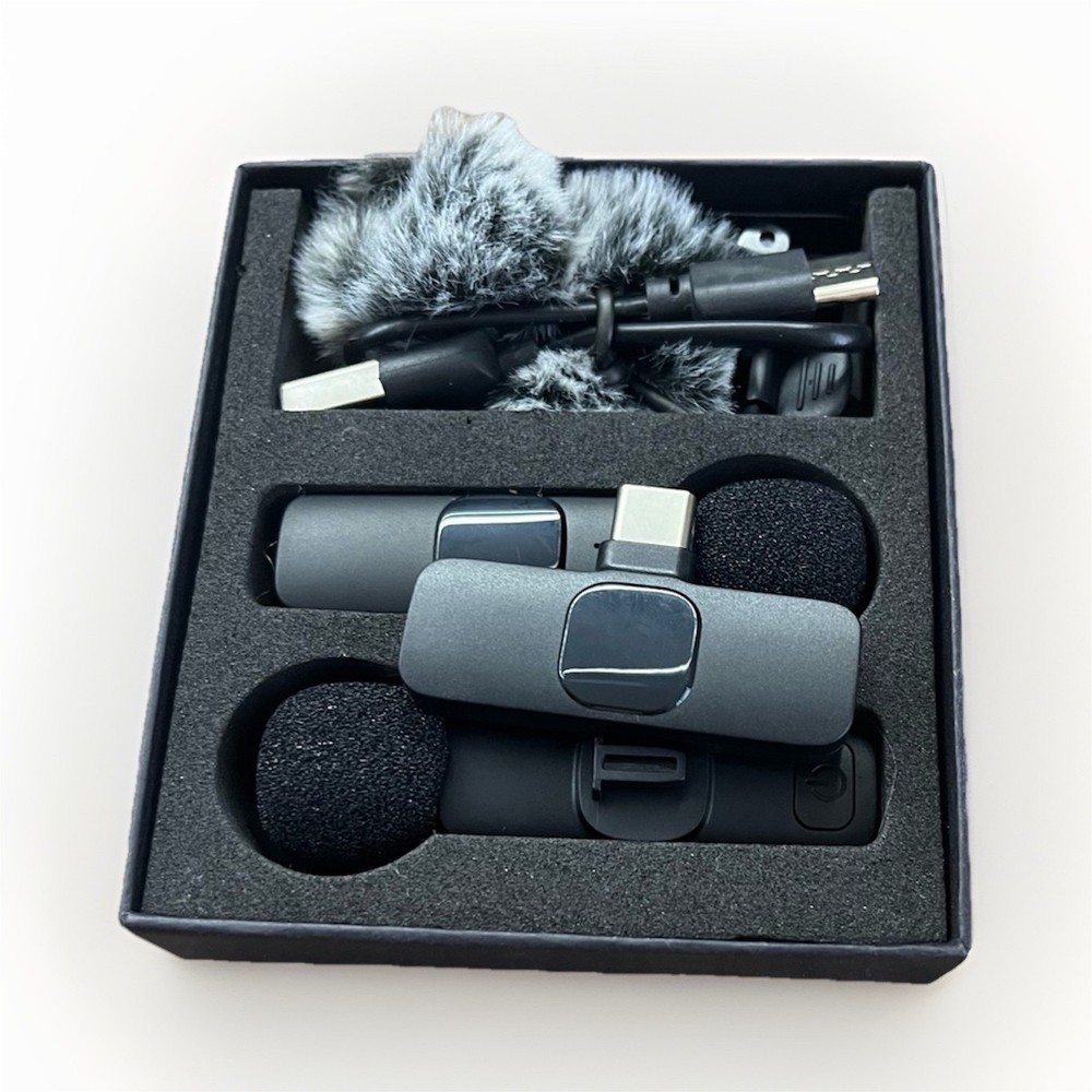 Clip-On USB-C Wireless Mini Microphone Set with Windshield, Black