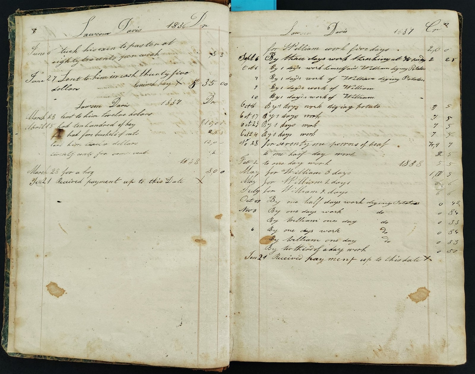 1835-60s antique LEDGER farmingham ma PETER DAVIS farm work horse wagon sider