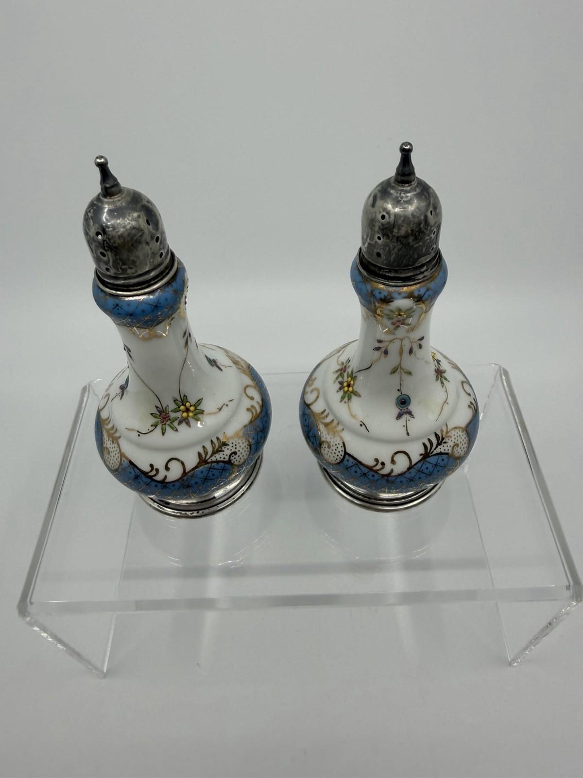 Antique Ornate Porcelain China Salt And Pepper Shakers Sterling Silver