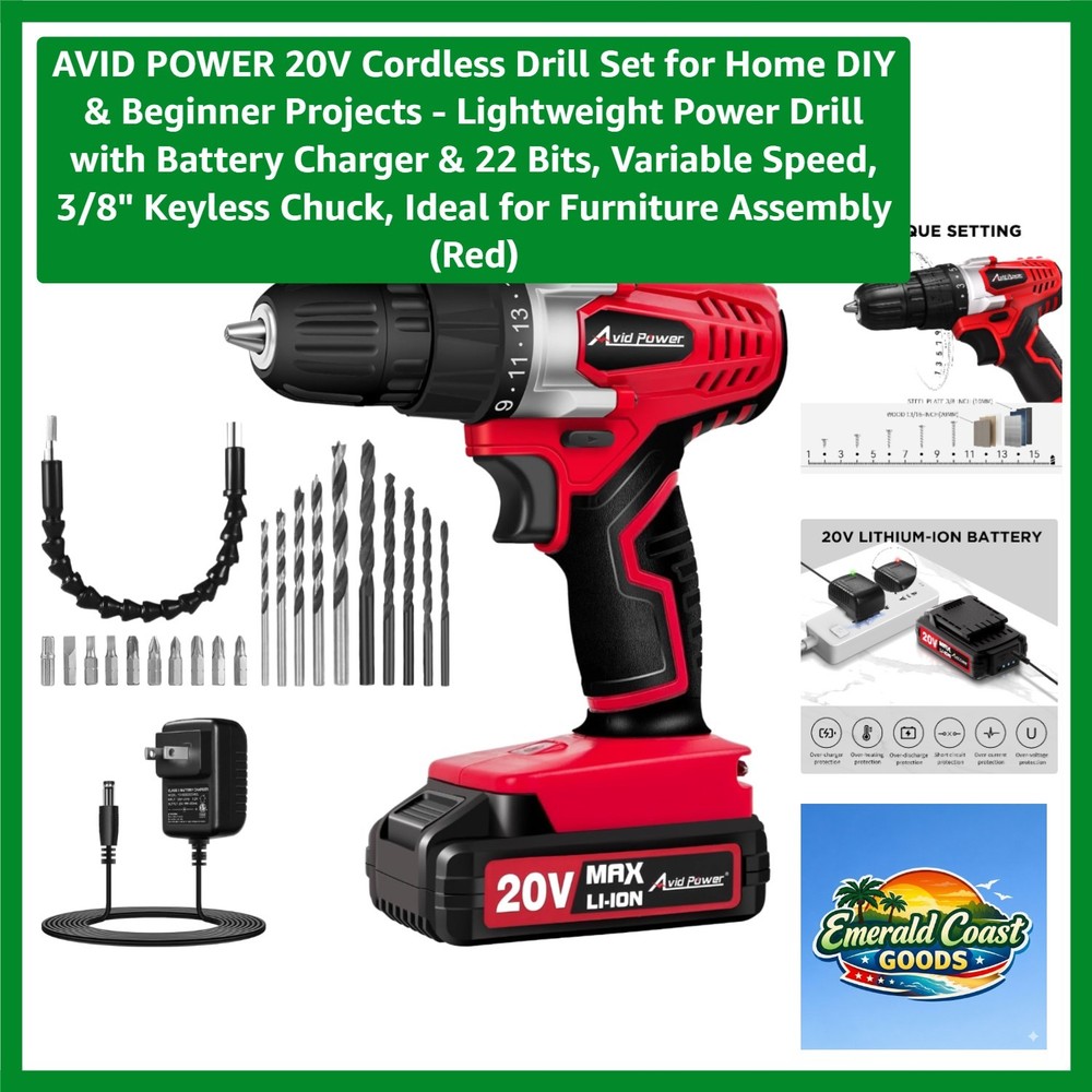 20V Cordless Power Drill Set - Compact & Lightweight for Beginner DIY Projects
