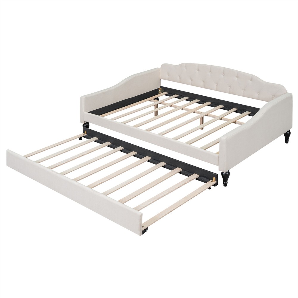Full Size Daybed with Pull Out Trundle Bed Upholstered Bed Frame Sofa Bed Beige