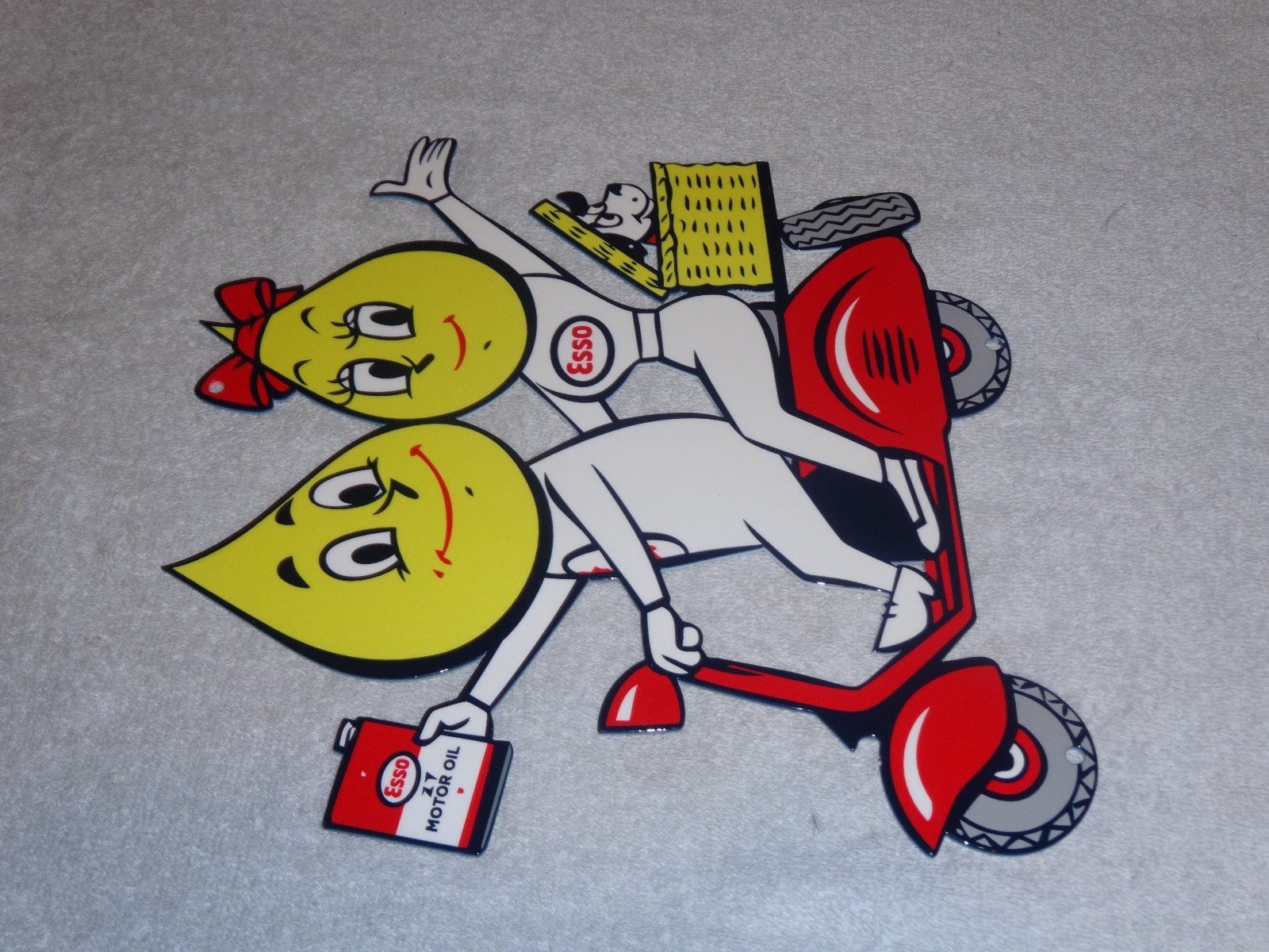 VINTAGE ESSO OIL DROP BOY & GIRL ON VESPA SCOOTER W/ DOG 12" METAL GASOLINE SIGN