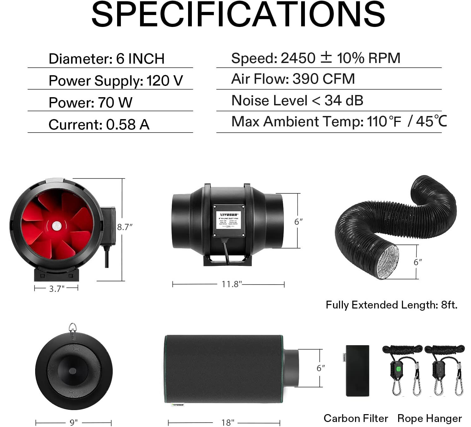 VIVOSUN 6" 390CFM Inline Fan w/ Speed Controller Carbon Filter 8Ft Ducting