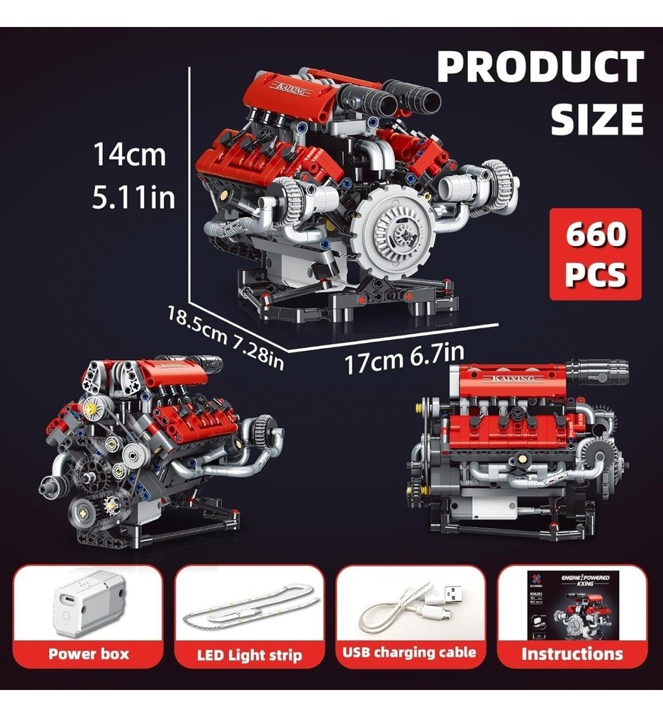 653pc.Mini V8 Engine Building Kit That Runs with LED Light New