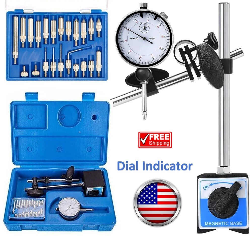 Precision Dial Indicator with Magnetic Base Holder Fine Adjustable Long 0.01"