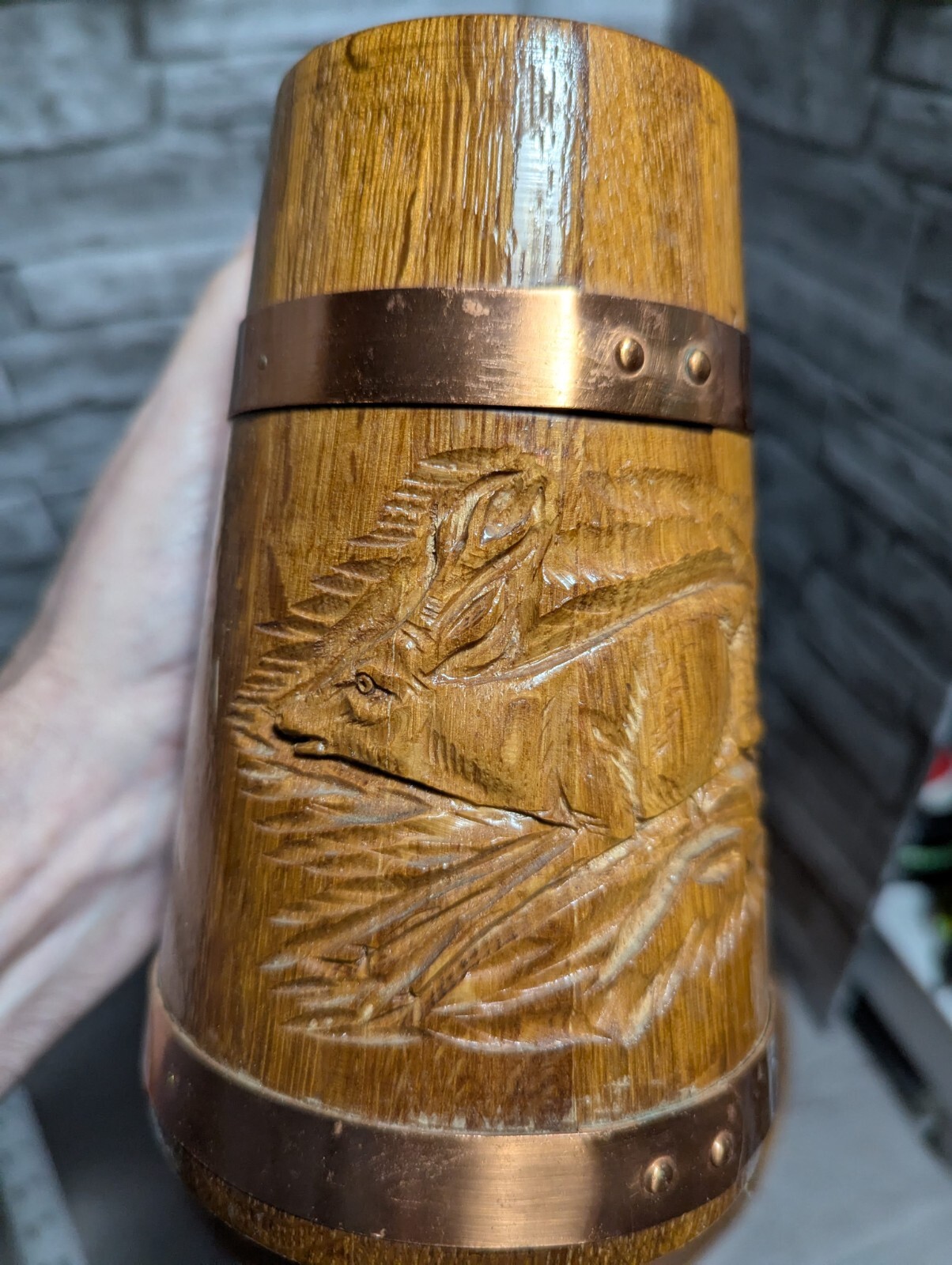 Vtg Set Of 5 Wood & Copper Beer Mug Stein Tankard Cups w/Tray Viking Bar Decor