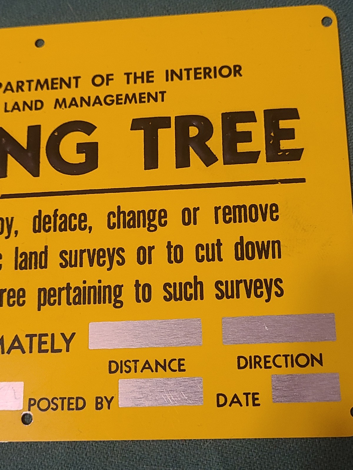 Mint Unused Bearing Tree Metal Sign Land Surveyor Used 4" x 6"