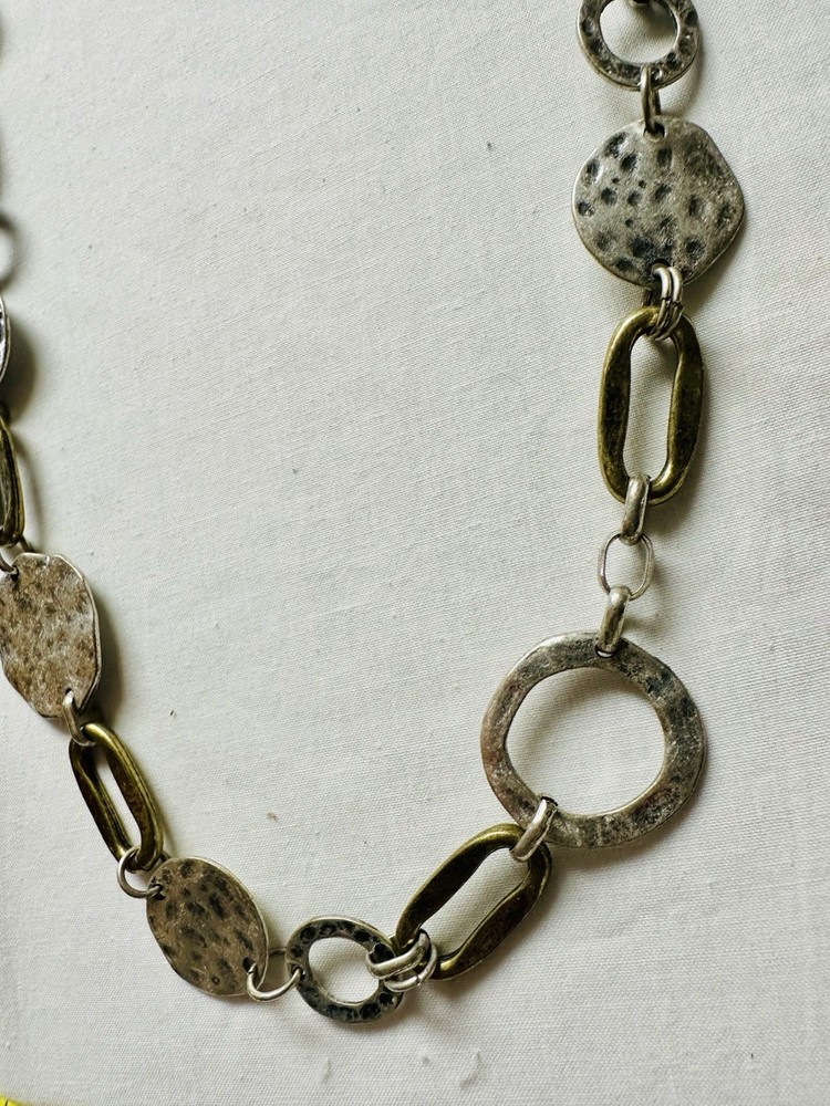 Ruby Rd Primitive Mod Hammered Gold/Silver Tone Circle Oval Link Necklace n0136