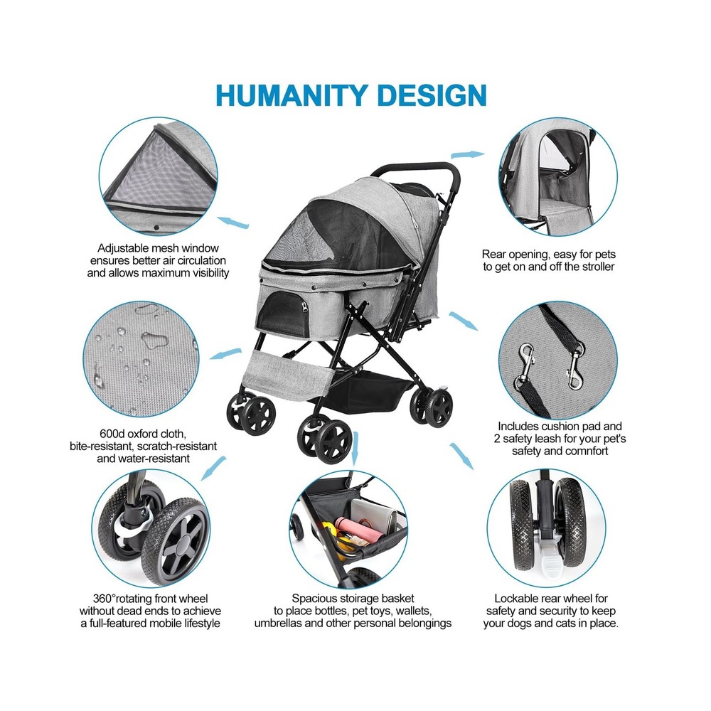 Dog Stroller for Large Medium Dogs & Cats with Reversible Handle, Foldable Pe...