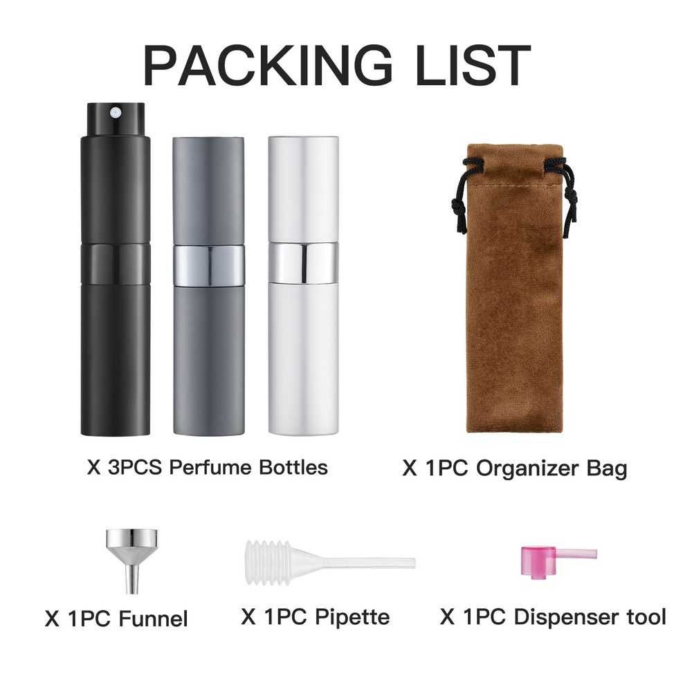 LISAPACK 8ml Travel Atomizer Perfume Cologne Spray Bottles 3Pack Refillable