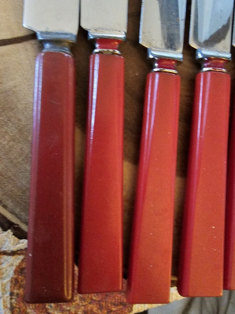 Vintage FLATWARE Knives RED Bakelite HANDLES 7pcs USA