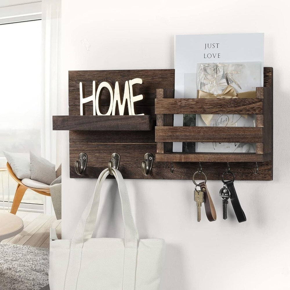 Rustic Wall-Mounted Mail Organizer & Key Holder with 7 Hooks – Easy Install