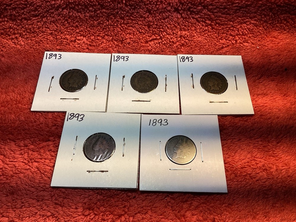 FIVE 1893 INDIAN HEAD PENNIES