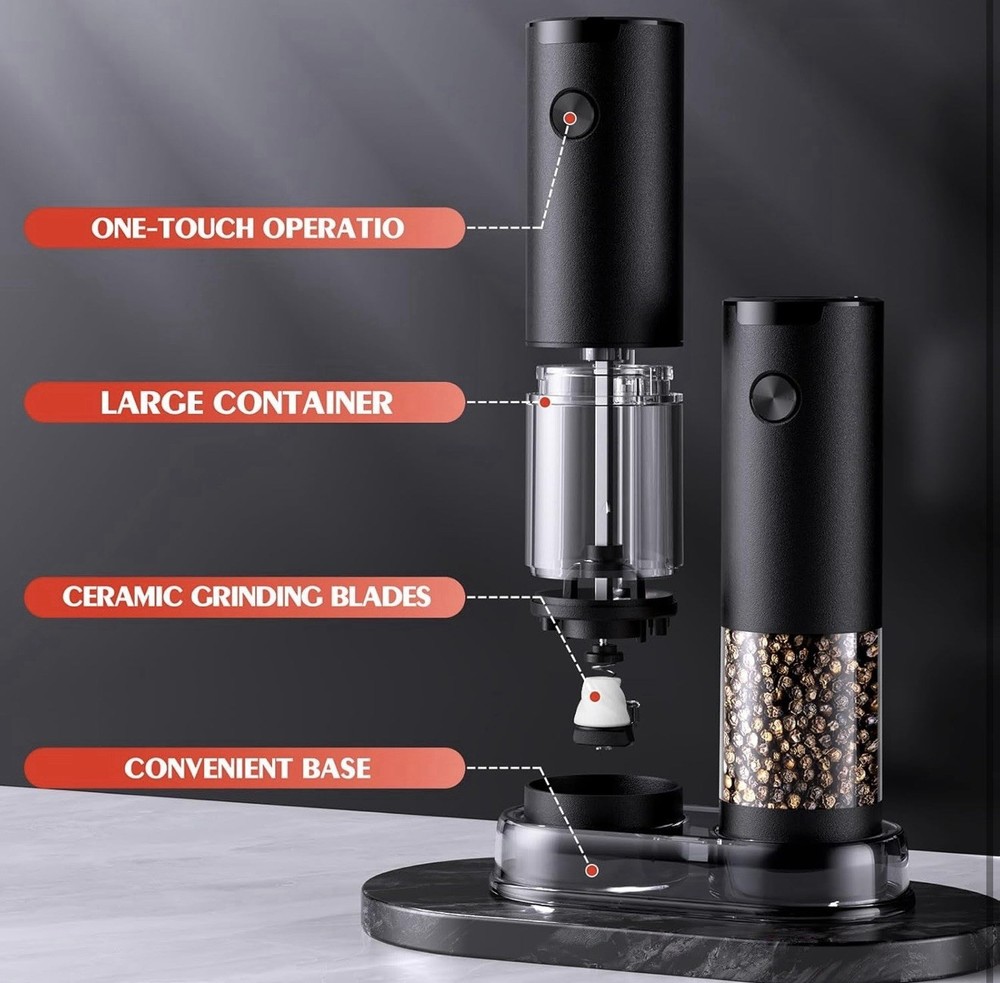 Electric Salt and Pepper Grinder Set, Automatic, Adjustable, Gift, 2 Pack