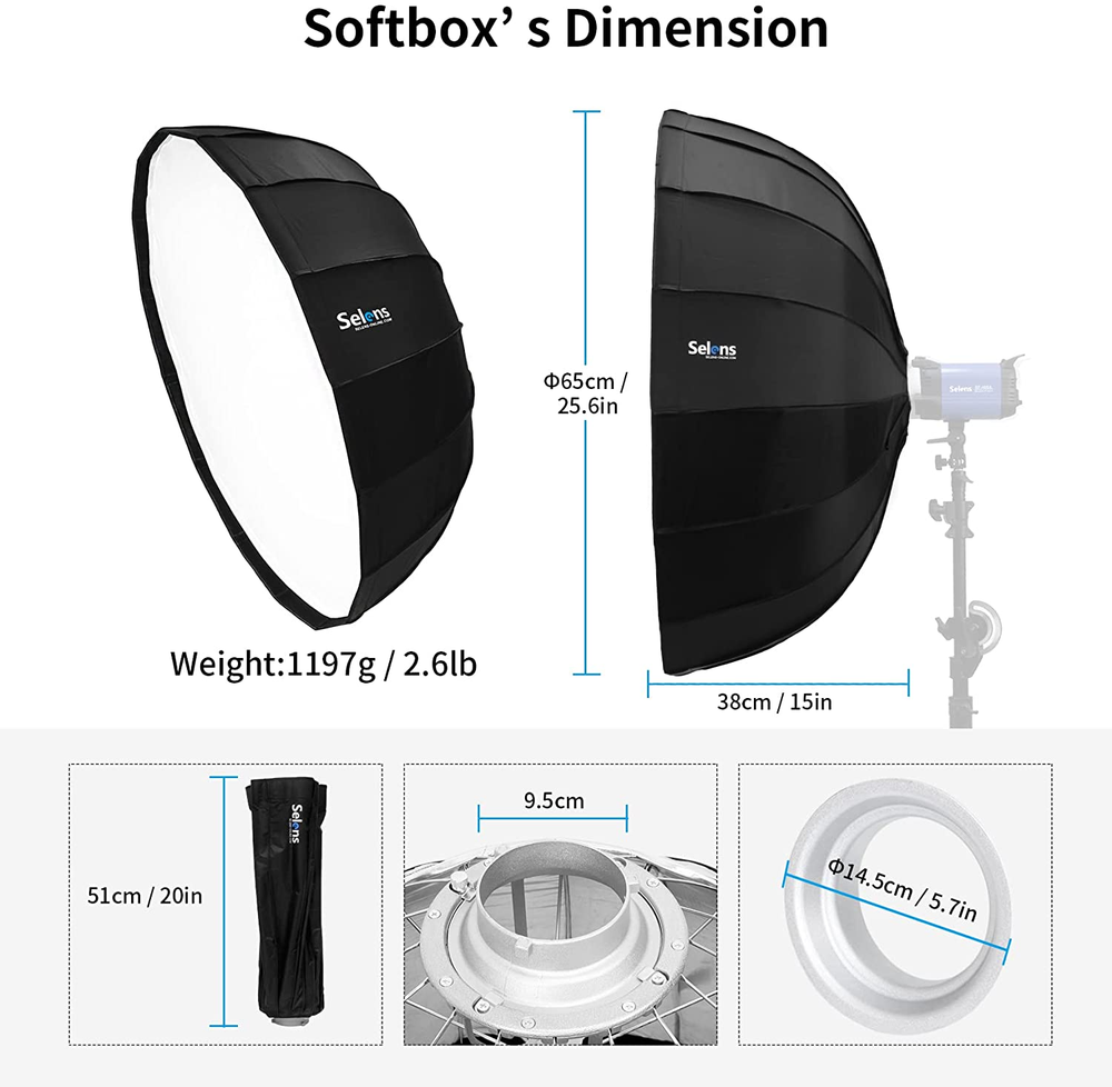 26"/65Cm Umbrella Hexadecagon Softbox with Bowens Mount and Removable Diffusers,