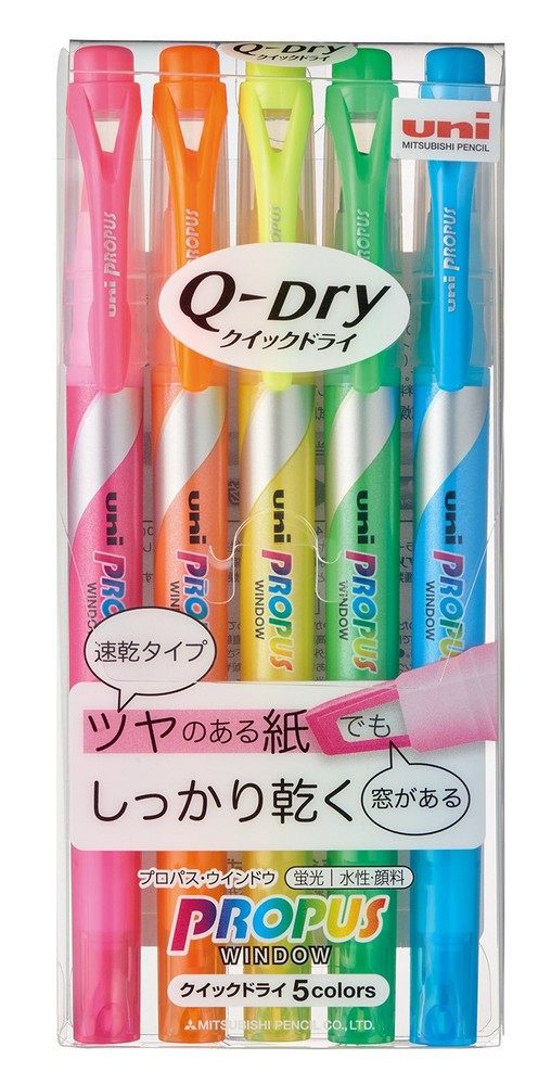 Uni Propus Window Quick Dry Highlighter Pen Set 5 Count (Pack of 1), Assorted