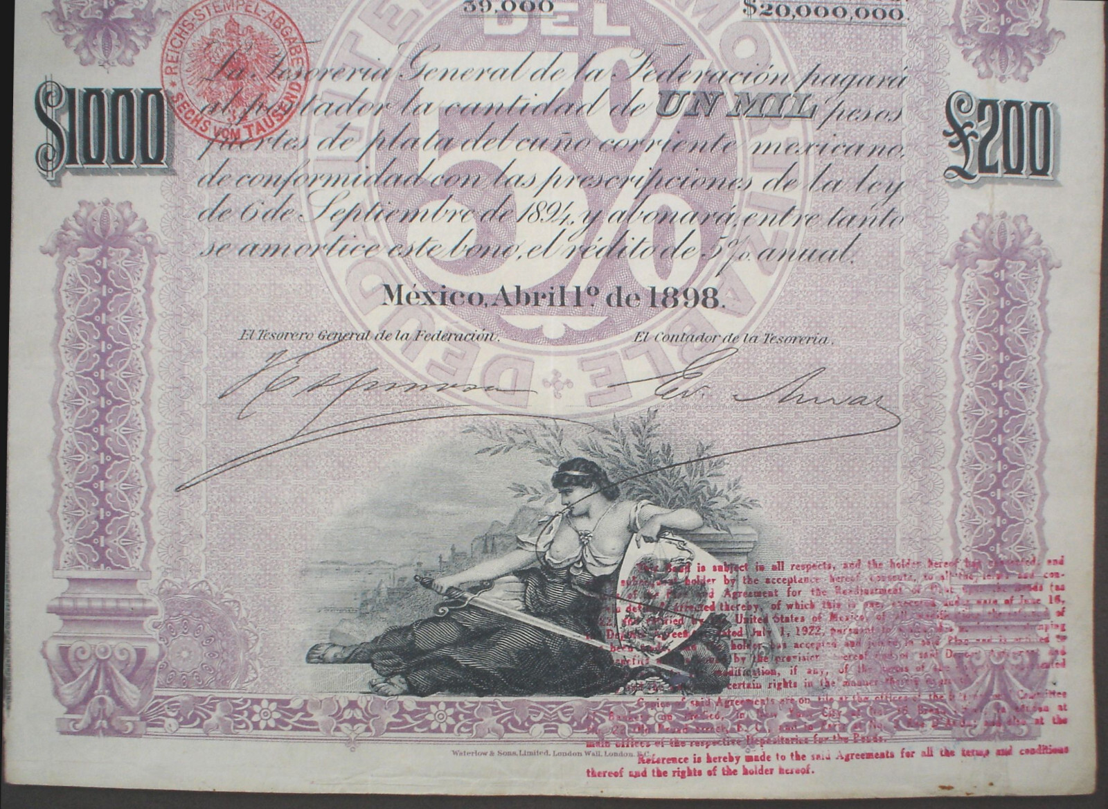 Mexico ESTADOS UNIDOS MEXICANOS BOND 5% Deuda Interior 1000$ =£200 1898 uncanc.