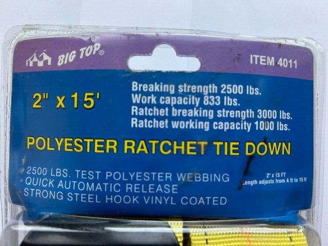 2" x 15' Ratchet Tie Down Strap 2500 lb Polyester Webbing Quick Release 4011