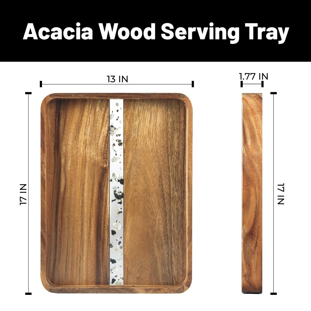 Acacia Wood Serving Tray with Handles 17’’x13’’ Rectangular Decorative Ottoma...