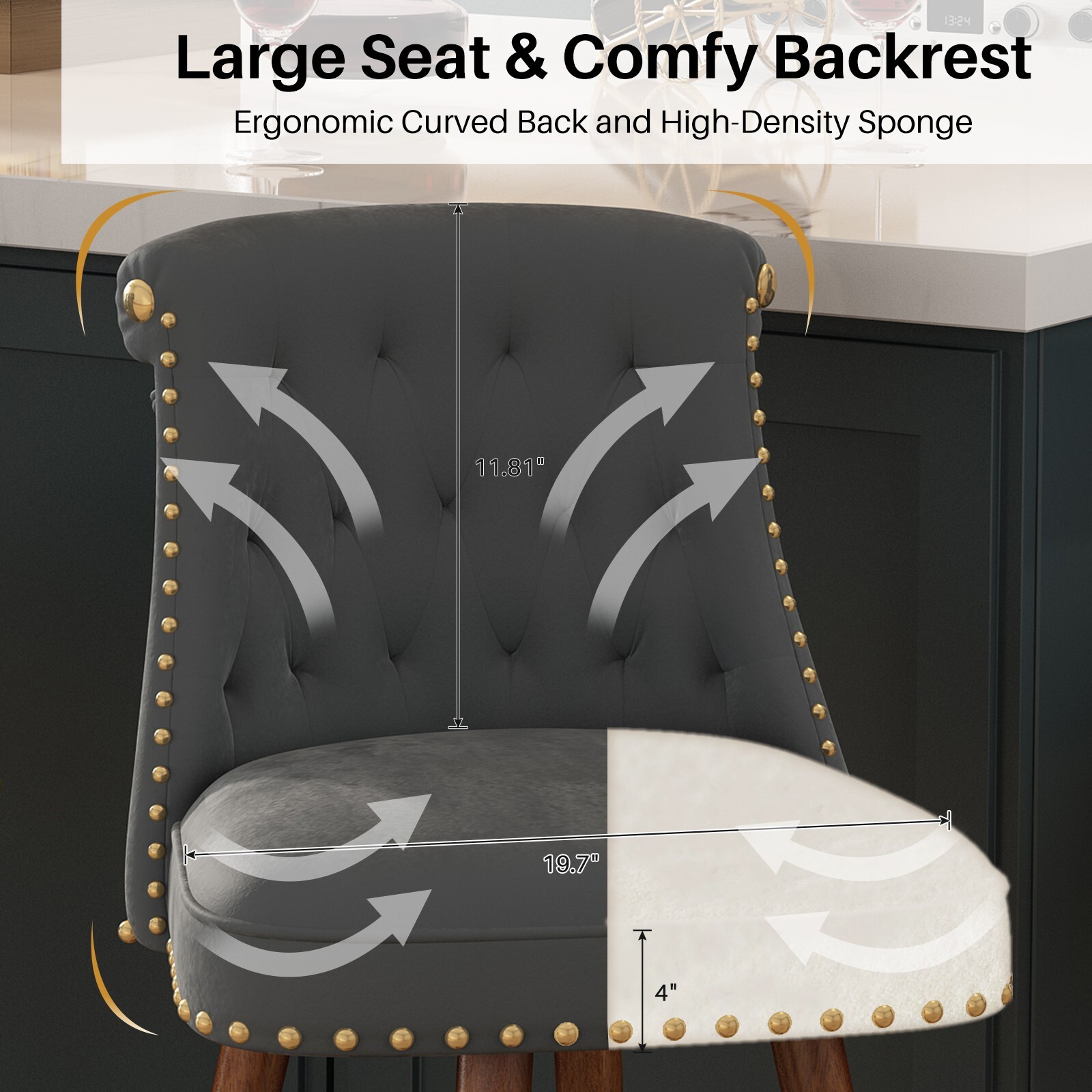 24" Velvet Counter Height Bar Stools Swivel Bar Stools Set of 2 Wood Legs Gray