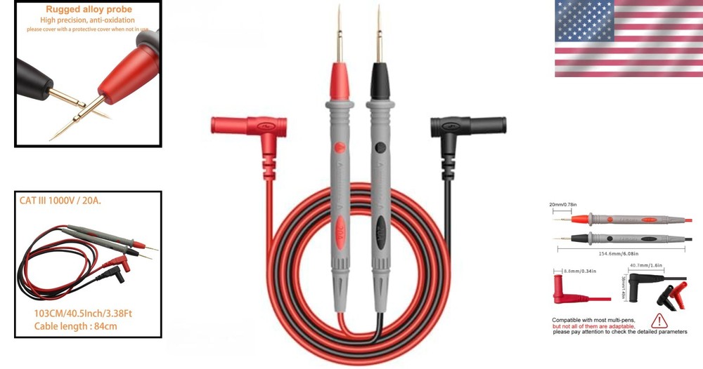 Compact 1000V Leads with Ultra-Sharp Gold Probes - Perfect for Multimeters
