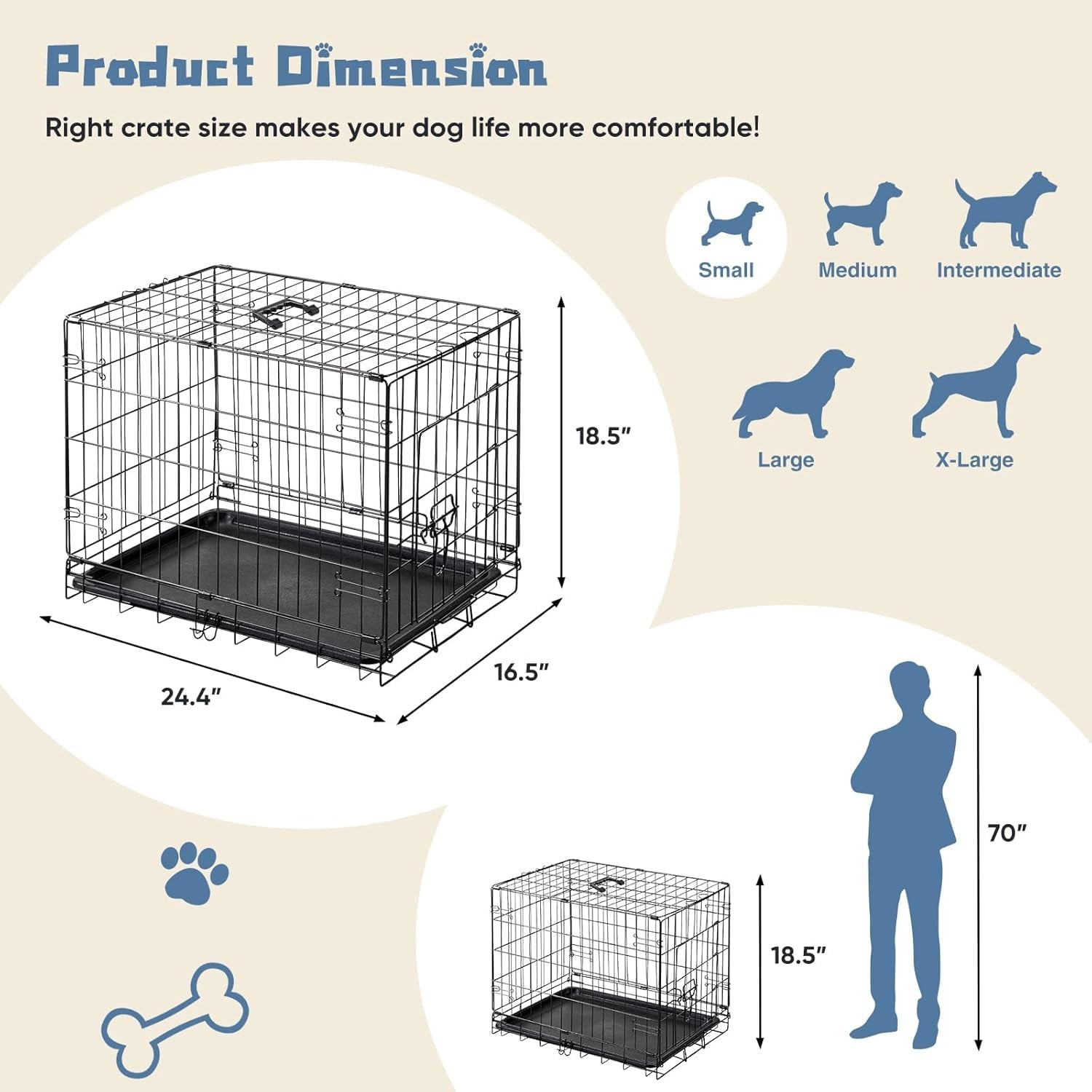 24 Inch Dog Crate Small Folding Metal Wire Cage w/ Leak Proof Tray