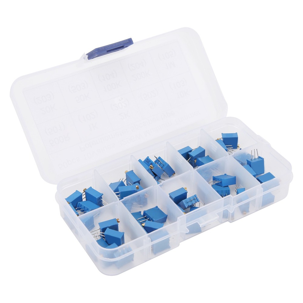 50pcs Variable Resistor 10 Values 3296W Regulating Resistance Trimmer Tool Part