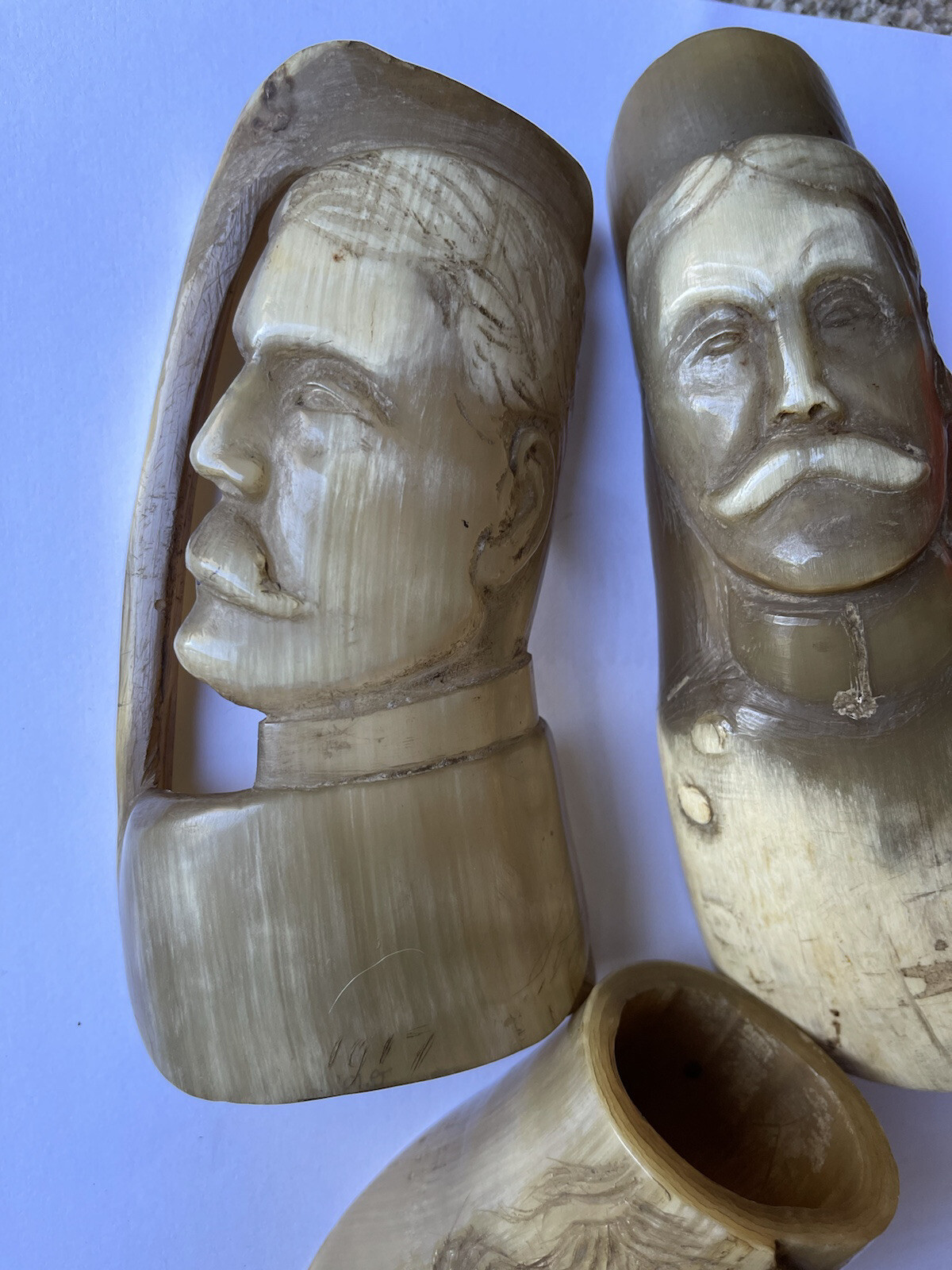 Antique WWI Carved Horn Head Military Soldiers Officers German Folk Trench Art