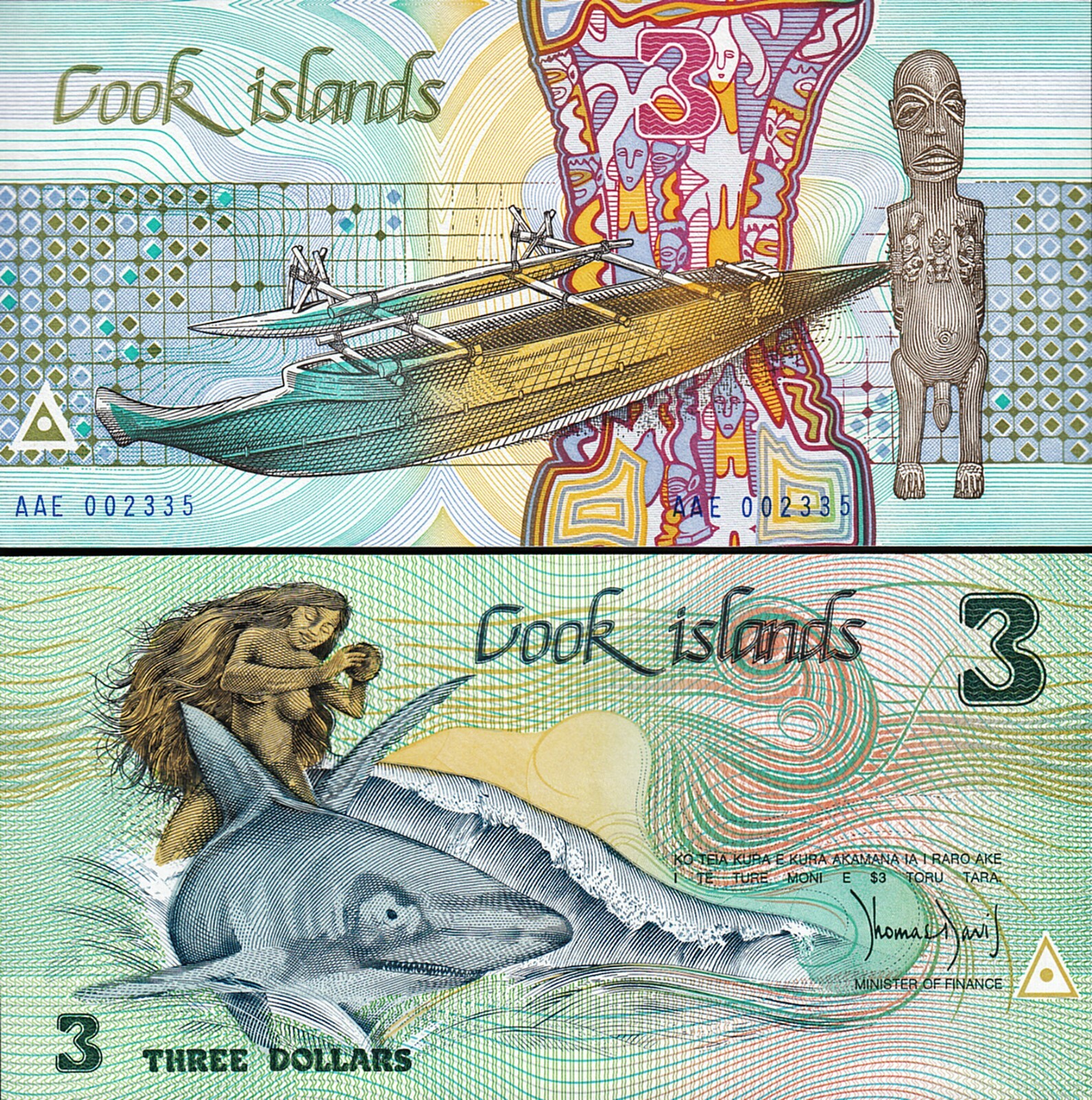 Cook Islands 3 Dollars 1987, UNC, P-3, Low 00****