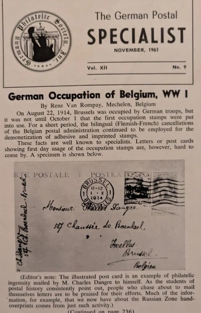 Vintage German Postal Specialist Nov 1961 German Occupation  Belgium WWI Smalls