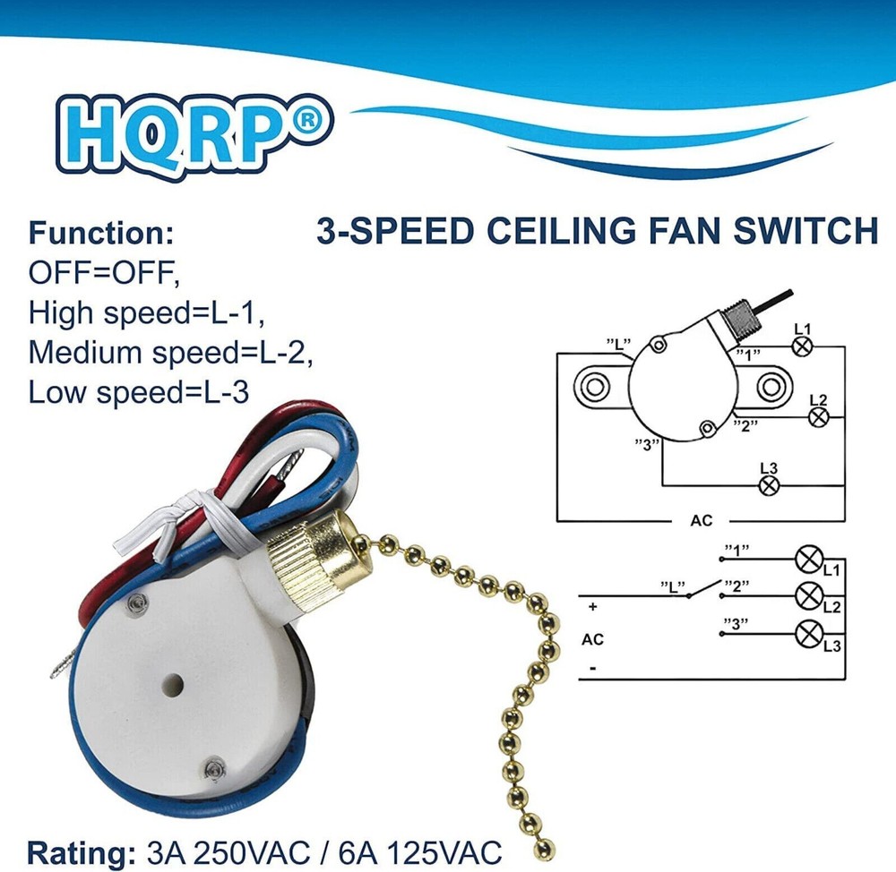 Ceiling Fan Switch for Zing Ear ZE-208s E89885 3-Speed 4-Wire Pull Chain Light