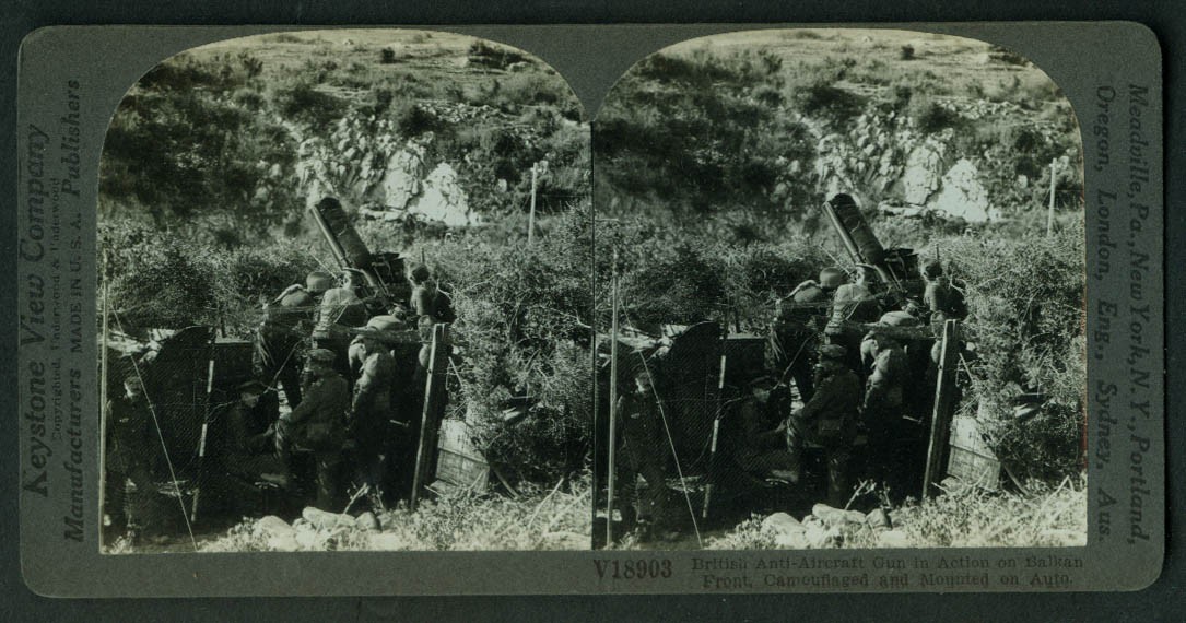 British Auto-Mounted Anti-Aircraft Gun on Balkan Front stereoview World War I