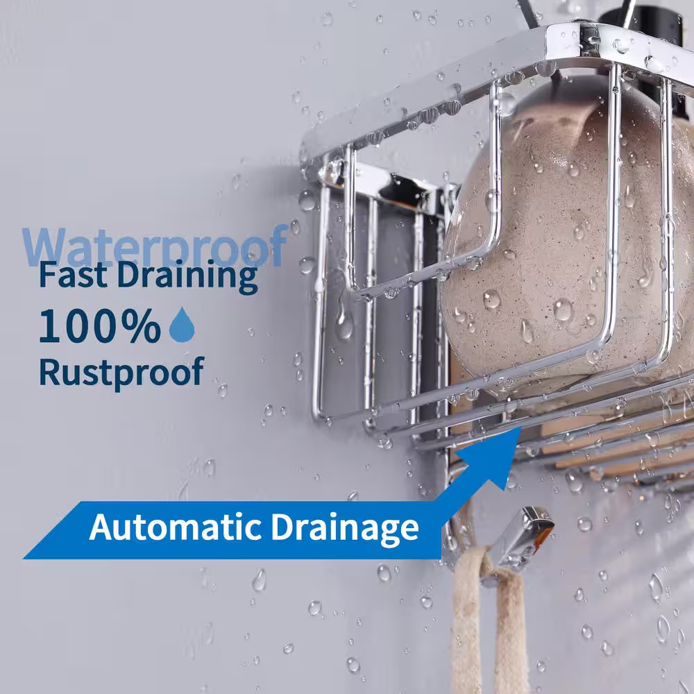 2 Pack Wall Mounted Rectangle Shower Caddy Shower Basket with 2 Detachable Hooks