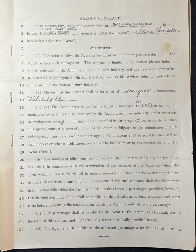 1940 Joyce Compton Signed Hollywod Agency Contract - Actress - COA