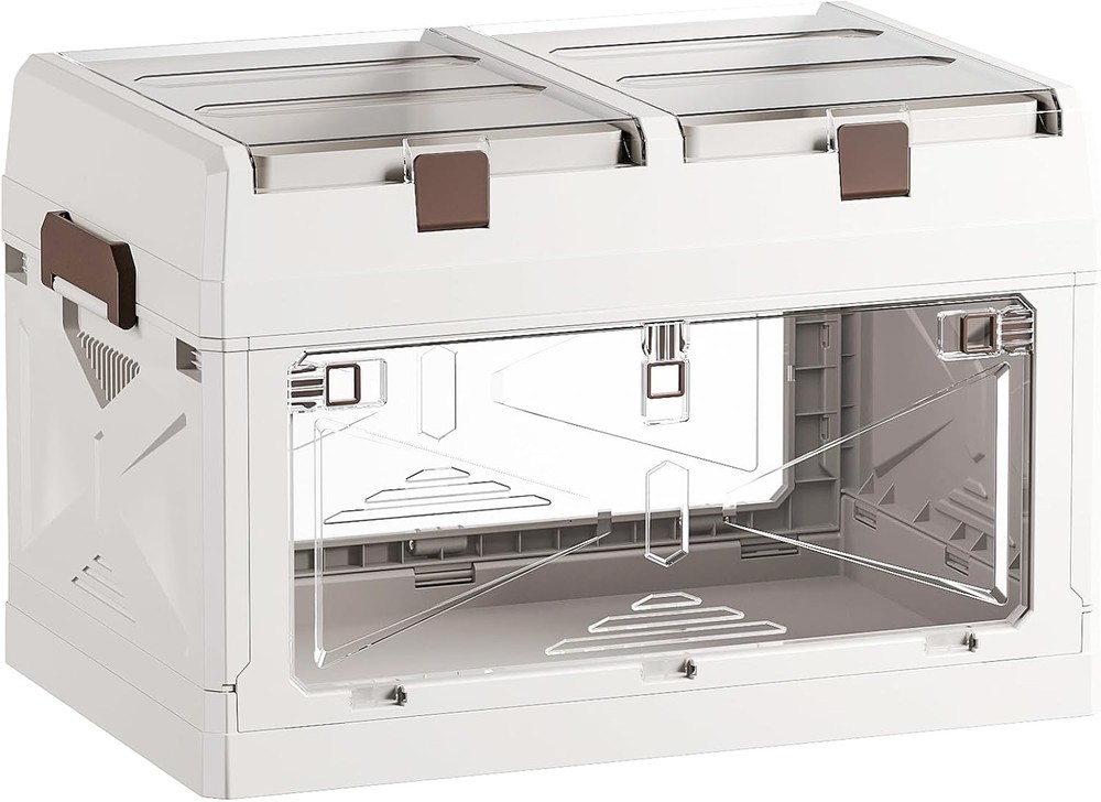 3-Pack Clear Stackable Storage Bins W/ Lids Magnetic Doors Open Front Foldable