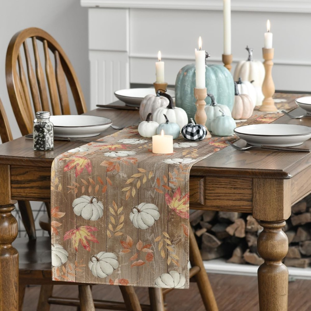 Fall Decorations White Pumpkins Maple Leaves Brown Table Runner Gift 13"x72"