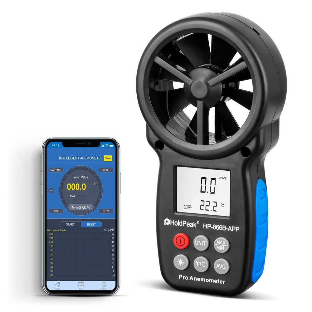 Digital Anemometer Wind Speed Meter Gauge with Bluetooth, Temperature, Backlight