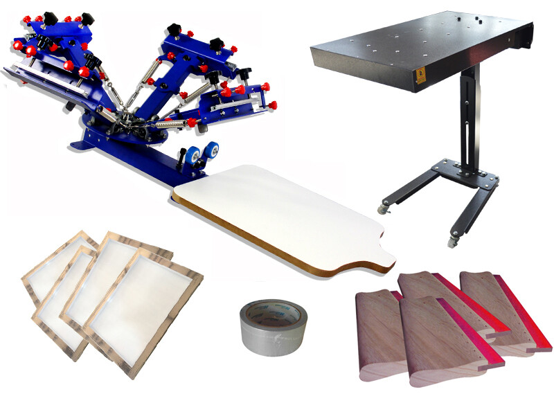 4 Color 1 Station Printing Machine & Flash Dryer Kit with Squeegee Screen Frames