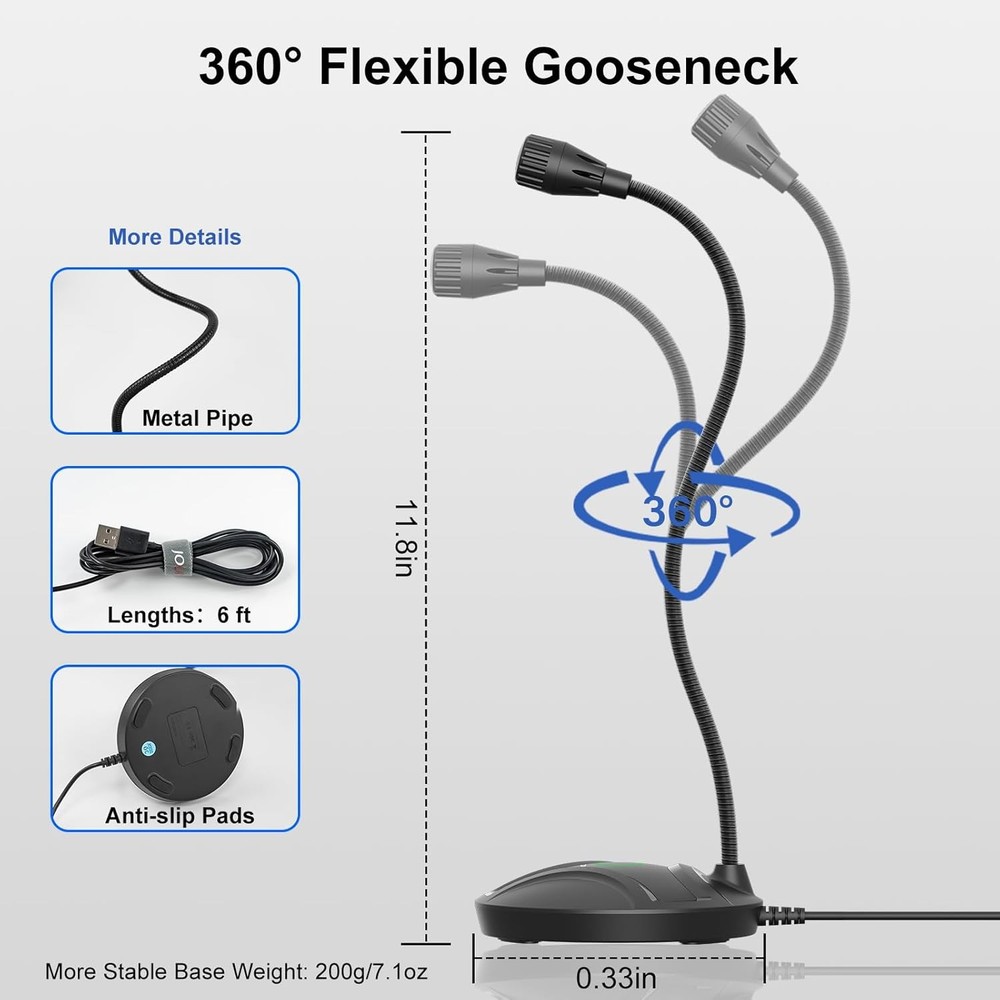 Plug & Play USB Computer Microphone, Flexible Gooseneck & Mute Button LED – De