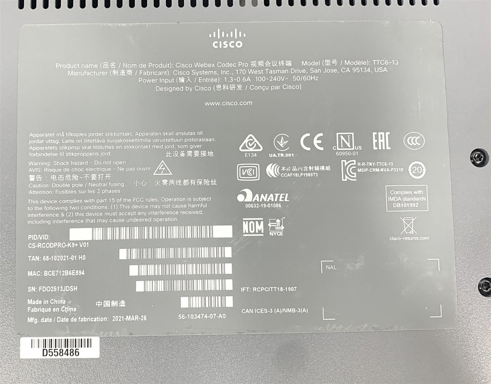 Cisco Webex Codec TTC6-13 CS-RCODPRO-K9 w/ Rackmount Brackets